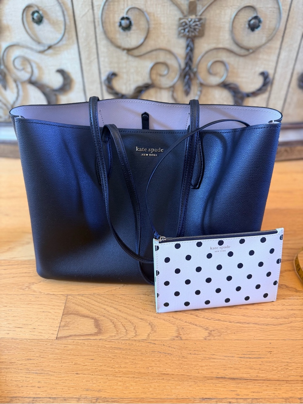 kate spade All Day black leather tote with white polka dot pouch